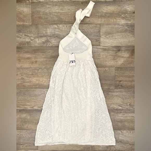🤍 ZARA Halter Midi Dress NWT | Oyster White Open Back Textured M - Picture 16 of 16